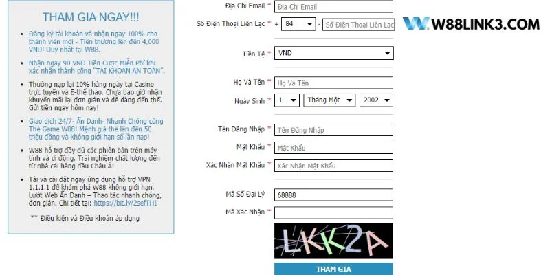 Đăng ký ID tại nhà cái W 88 rất dễ dàng và nhanh gọn.